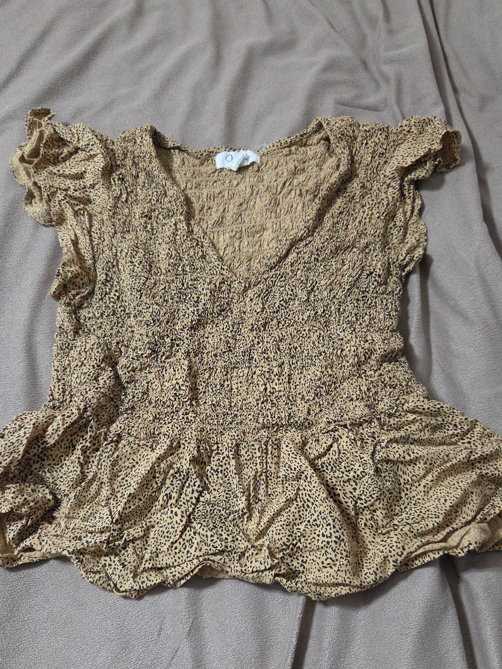 Jessica Simpson Camel Leopard Smocked Peplum Top